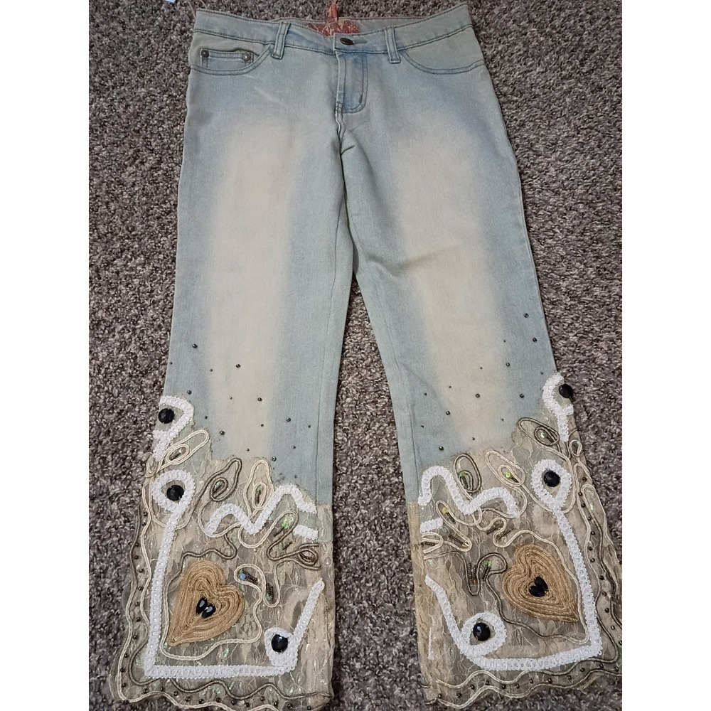 QQMEI Light Wash Embellished Flare Jeans Lace Heart Embroidery Rhinestone 27x30